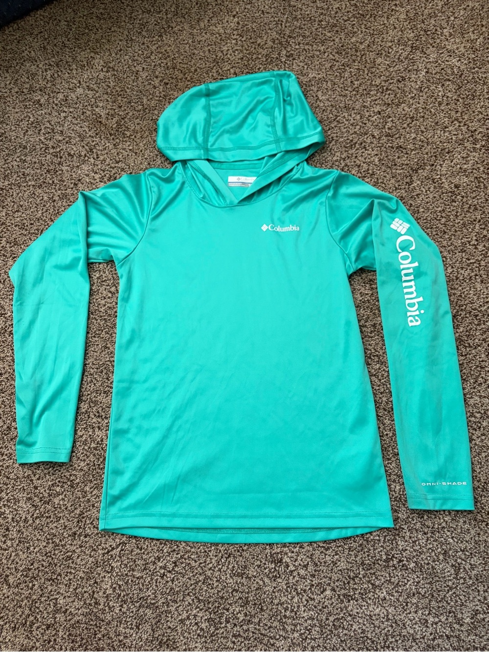Youth M (10/12) Columbia Teal Hooded Long-Sleeve Sun Shirt, Omni-Shade